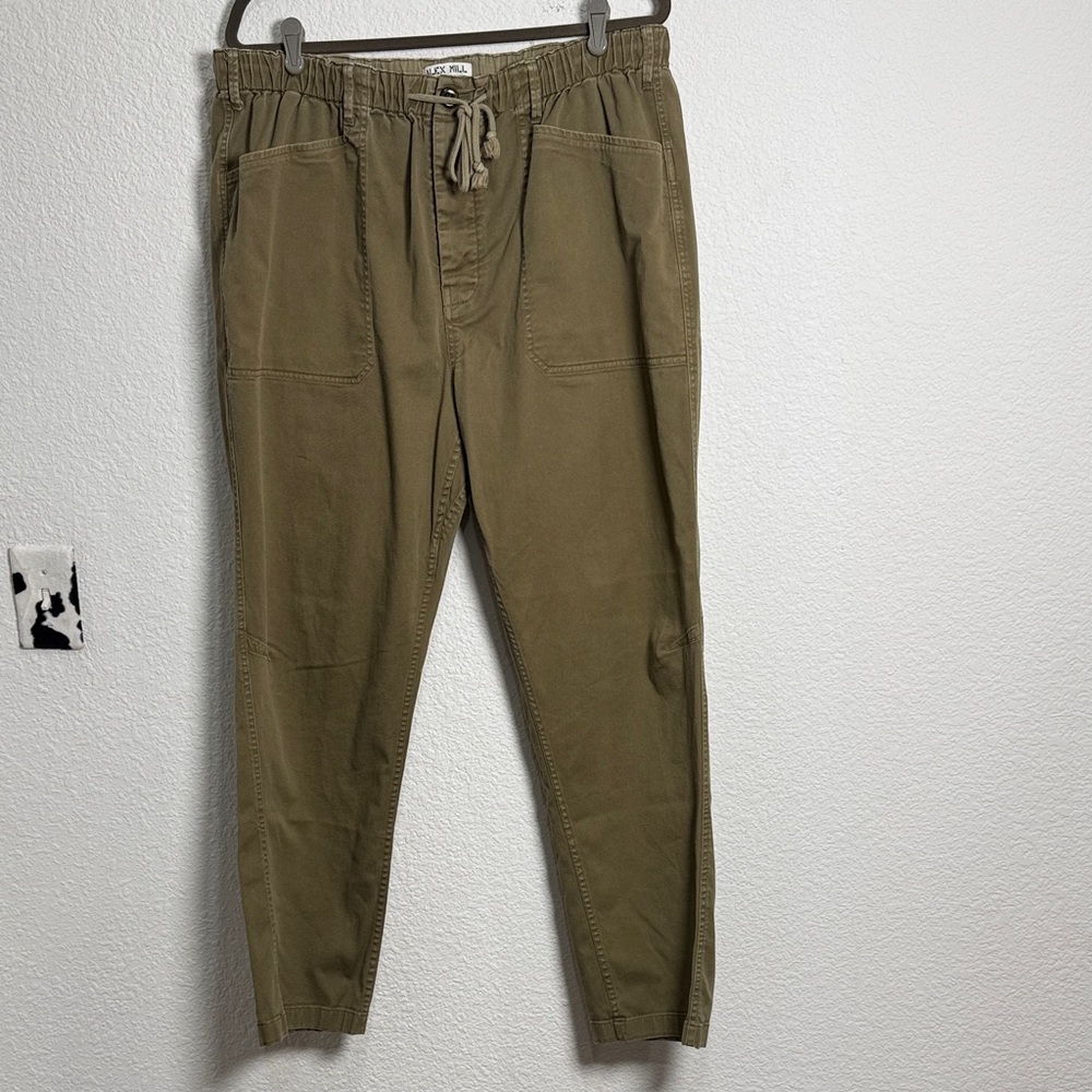 Alex Mill Pull On Button Fly Pants Olive Casual Cotton Blend Elastic Waist Sz XL